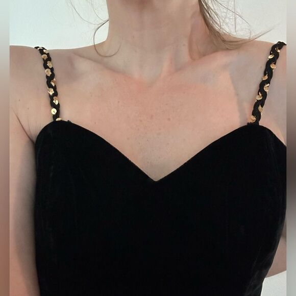 Lillie Rubin black velvet maxi dress gown long gold sequin straps 4 - Picture 1 of 7